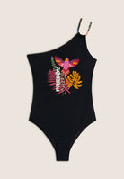 Ein-Schulter Badeanzug mit Aufdruck - BLACK