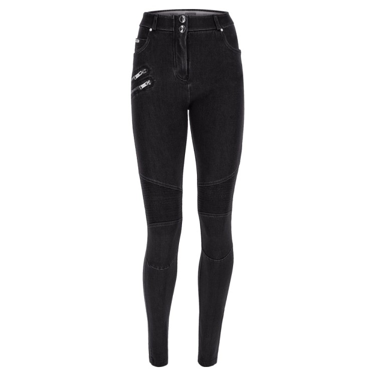 Freddy WR.UP® Snug Push-Up Jeans - Regular High Waist Skinny - Biker-Style - J7N - Black Denim - Black Seam