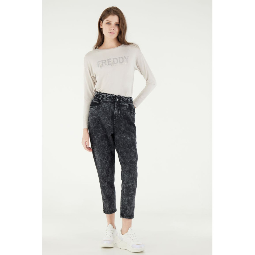 Freddy Fit Jeans - 7/8 Super High Waist Regular - Paperbag Waist - J83N - Bleached Grey Denim - Black Seam