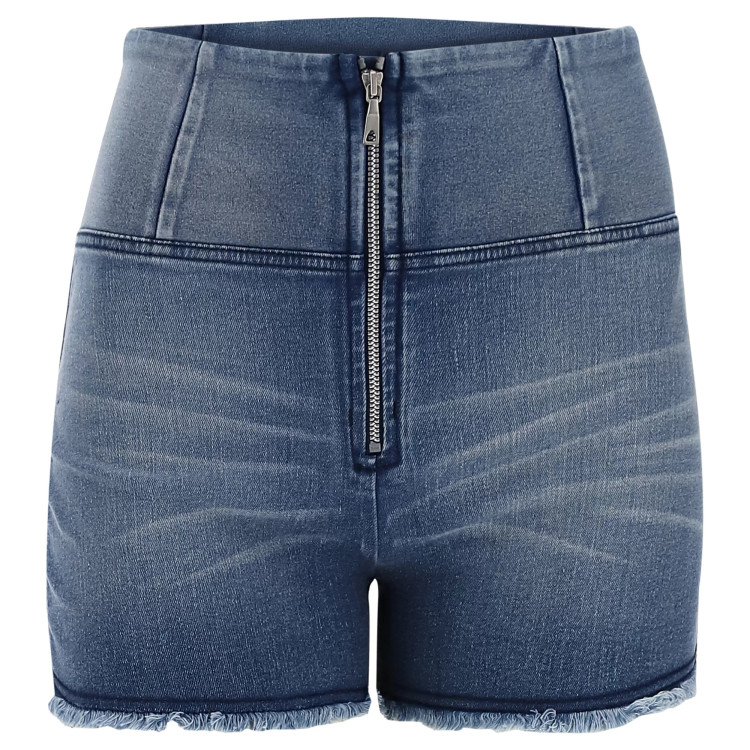 Freddy WR.UP® Denim Effect - High Waist Shorts - Frayed Hem - J4B - Clear Denim - Blue Seam