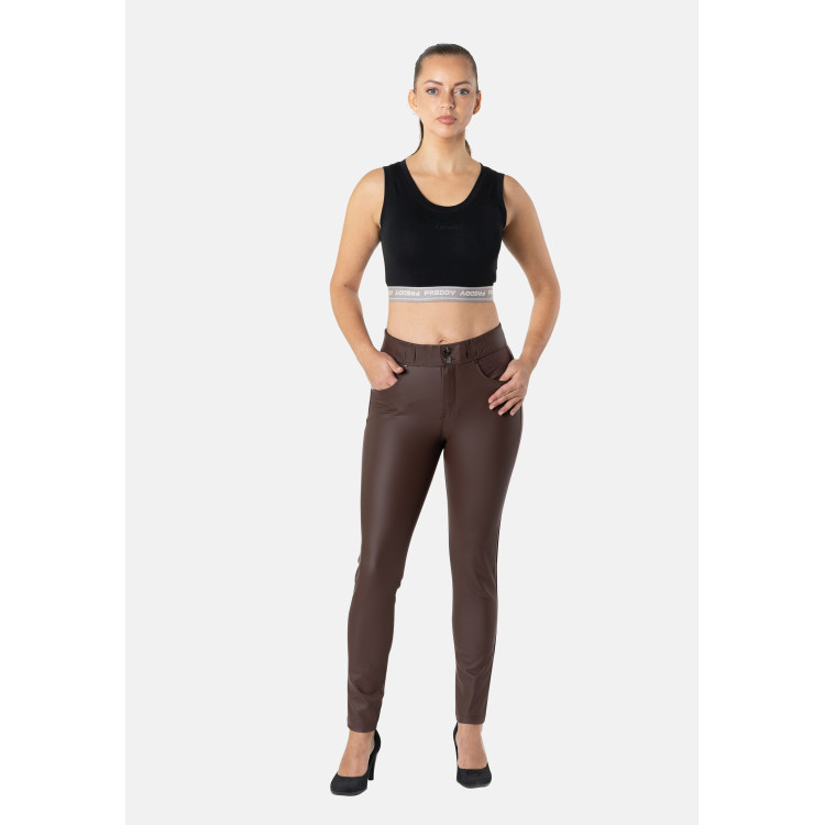 Freddy N.O.W® Comfort Pants - Mid Waist Super Skinny - Vegan Leather Front - Brown - M29