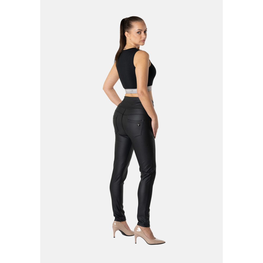 Freddy N.O.W® Yoga Vegan Leather Pants - High High Waist Super Skinny - Criss-Cross Waist - Black - N0