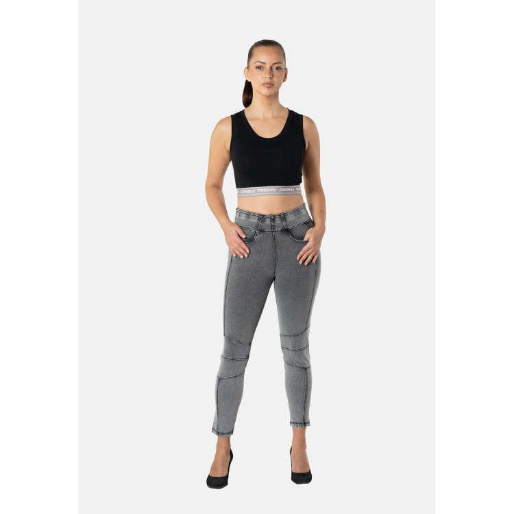 Freddy N.O.W® Yoga Pants - 7/8 - Mid Waist Skinny- Foldable Waist - Biker-Style - Grey Denim - Black Seam - J3N