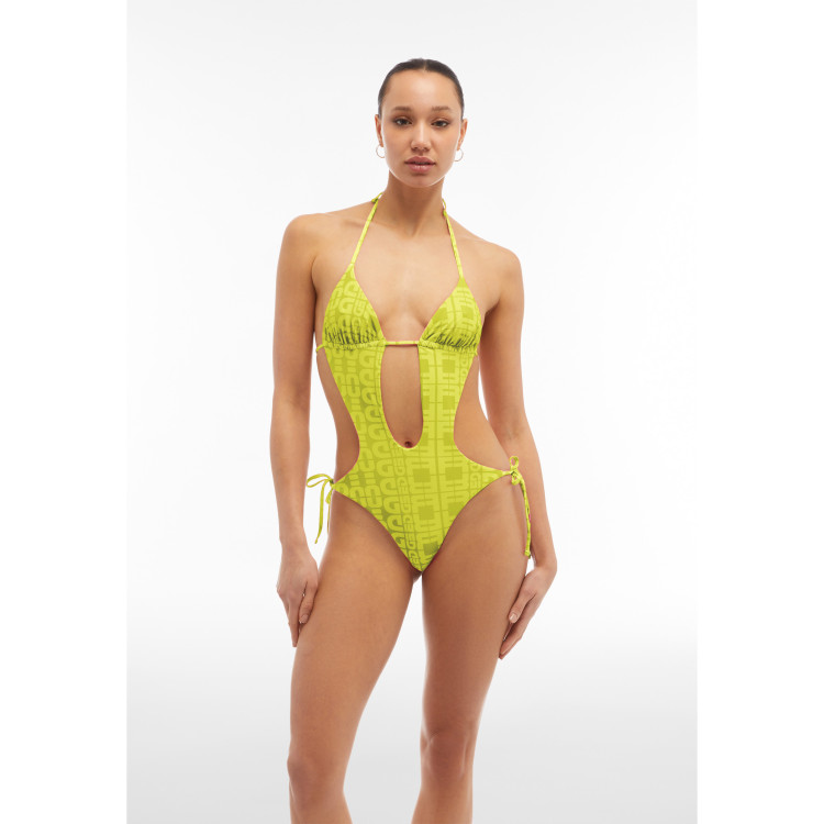 Freddy Einteiliger Badeanzug mit Cut-outs und Allover-Logo-Print - LIME