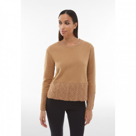 Waist-length sweatshirt with round neck and a cable-tricot wool panel - M85