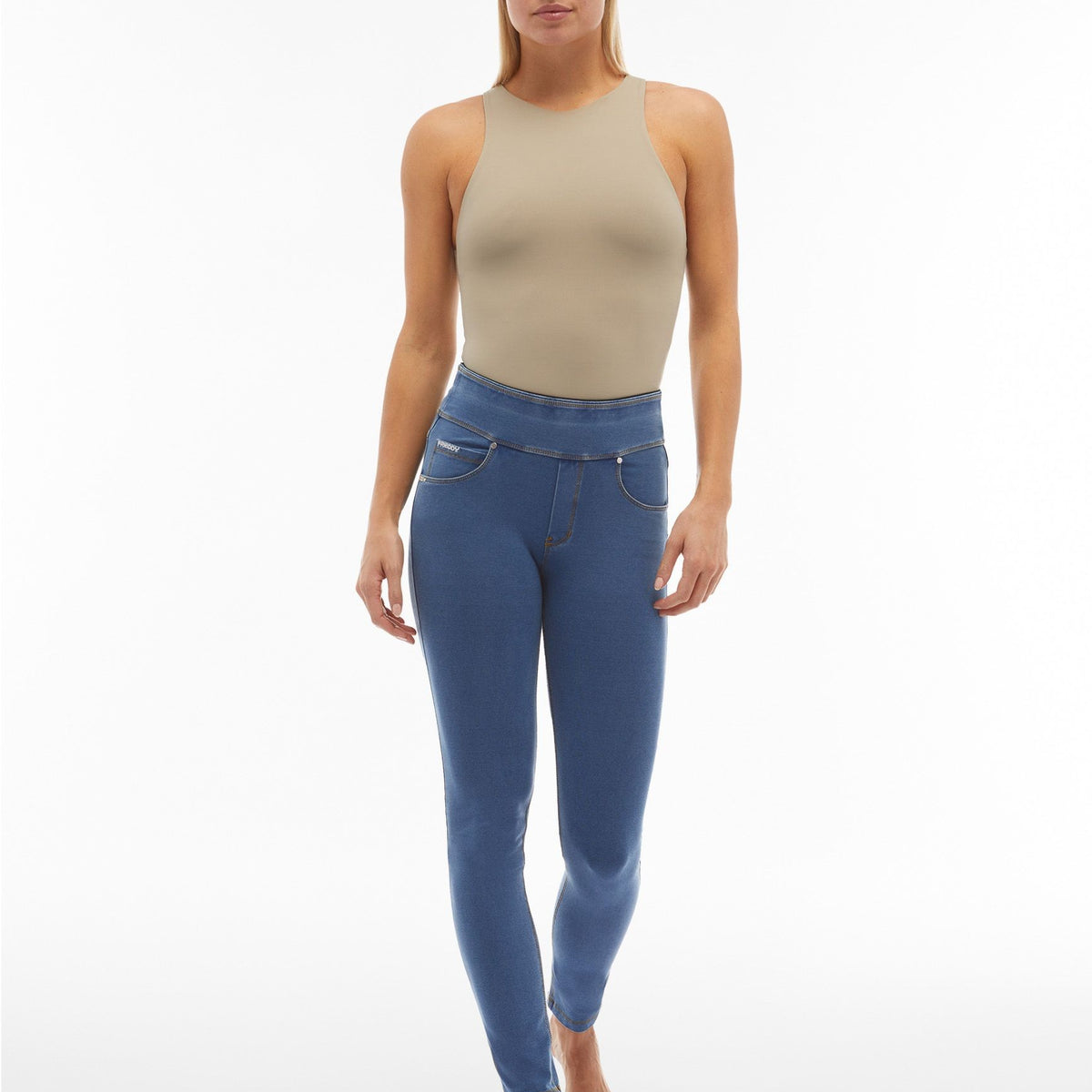 Freddy N.O.W.® Yoga Comfort Jeans - Mid Waist Skinny - Clear Blue Denim - Yellow Seam - J4Y – Freddywear