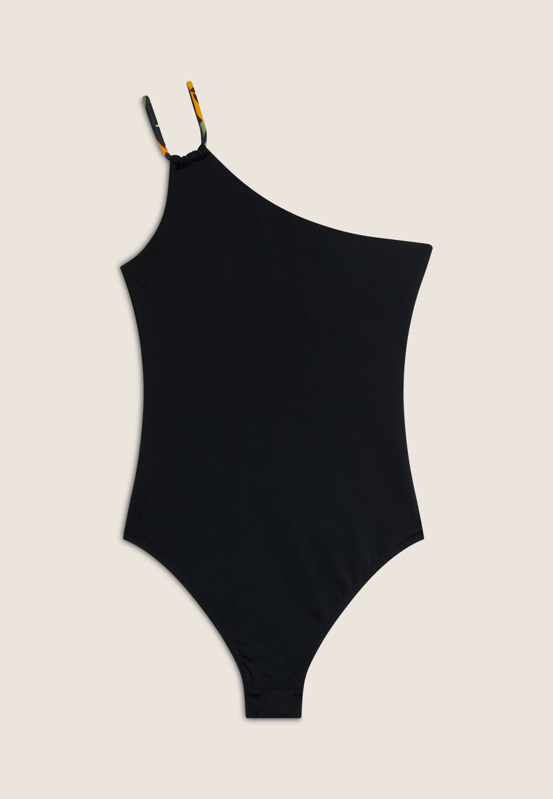 Ein-Schulter Badeanzug mit Aufdruck - BLACK