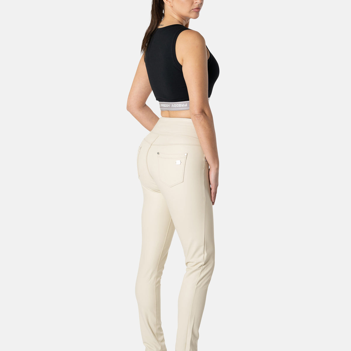 Freddy N.O.W.® Vegan Leather Damen Comfort Lederhose - Mid Waist Skinny - Beige - Z106 – Freddywear