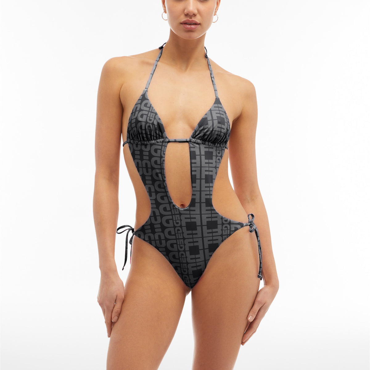 Freddy Einteiliger Badeanzug mit Cut-outs und Allover-Logo-Print - BLACK – Freddywear