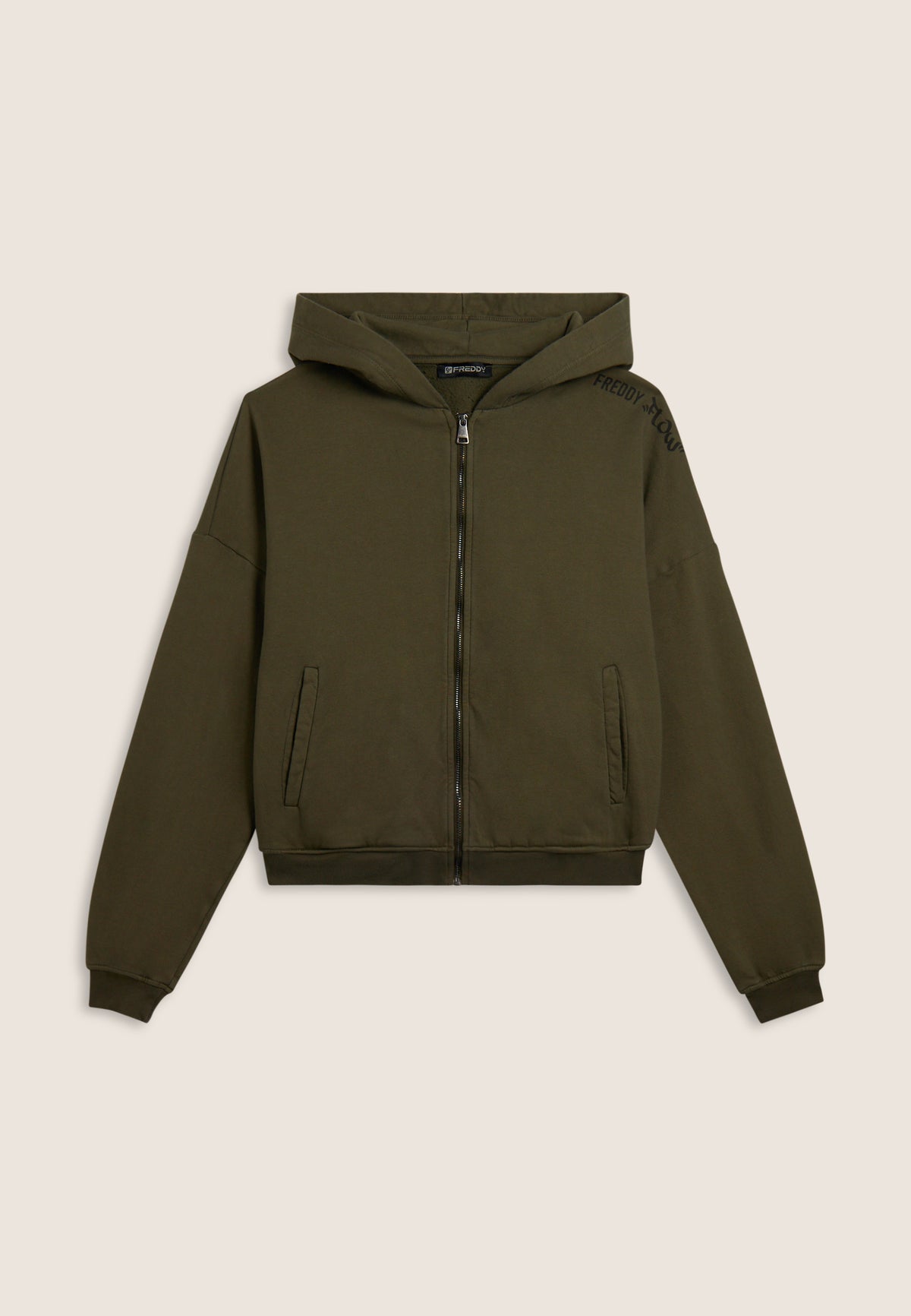 Cropped oversize sweatshirt with zip and Flow print - Ivy Green