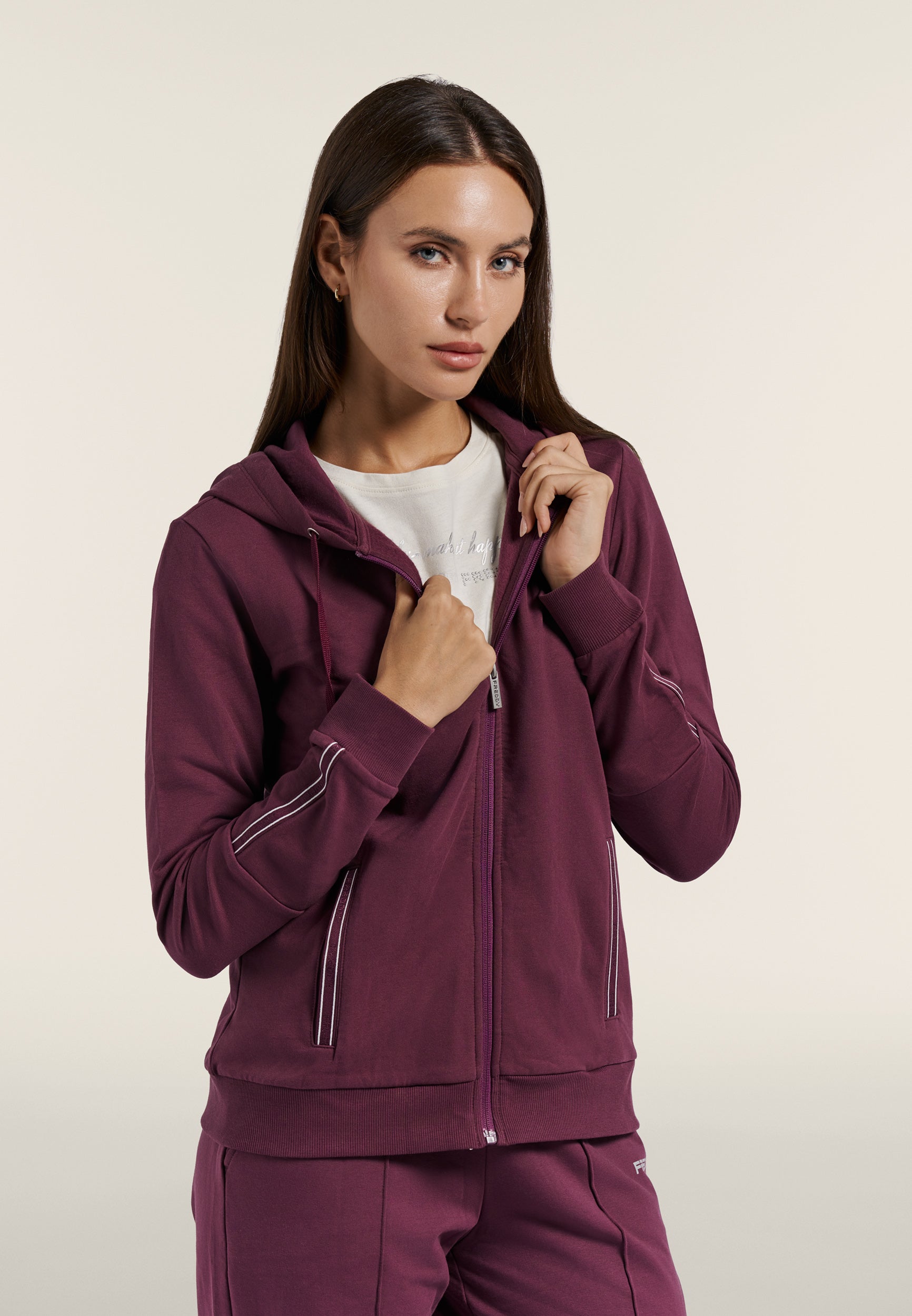 Zip hoodie with logo elastic trims - Mauve Wine